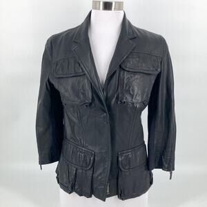 9/15 Saks Fifth Avenue Womens Black Lambskin Cotton 3/4 Sleeve Jacket Size 6